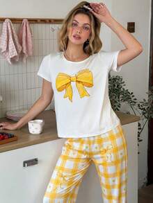 SweetSlumber Women's Sweet Cute Bowknot Plaid Print Round Neck Short Sleeve Long Pants Comfortable Knit Pajama Set - Yellow - View 5