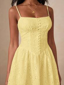 Enchnt Women's Vacation Hollow Embroidery Button Design Elegant Cami Dress Vacation Pale Yellow Summer - Yellow - View 3