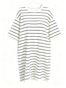 SHEIN PariChic Striped Print Round Neck Casual Loose Dress, Spring/Summer - Black and White - View 4