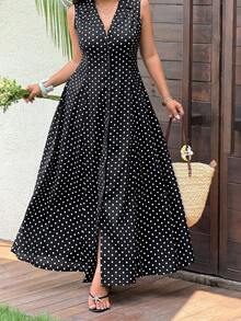 Sunnyshic Vestido Maxi Talla Grande para Mujer con Lunares Negros, Cuello en V con Solapa, Cierre de Botones Delanteros, Cintura Ceñida, Corte A, Elegante Minimalista, Versátil para Vacaciones, Playa, Desplazamiento, Compras, Citas y Uso Diario - Negro - Ver 4