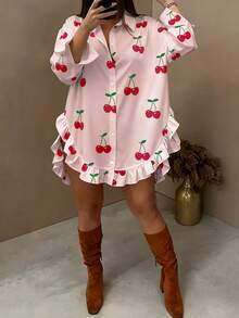Vionelle Plus Size Women's Patterned Curved Hem Ruffle Trim Long Sleeve Blouse - Pink - View 1