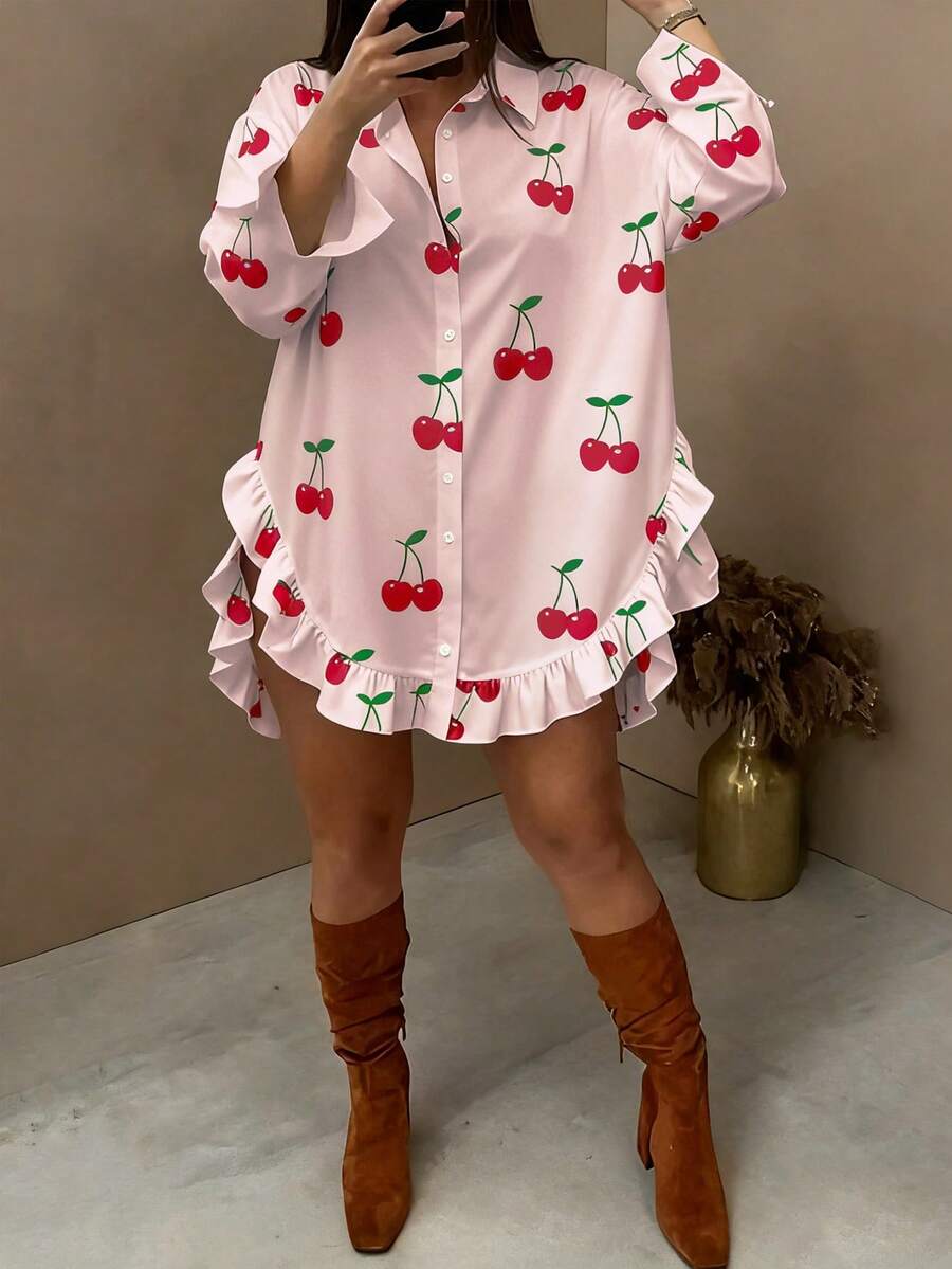 Vionelle Plus Size Women's Patterned Curved Hem Ruffle Trim Long Sleeve Blouse - Pink - View 1