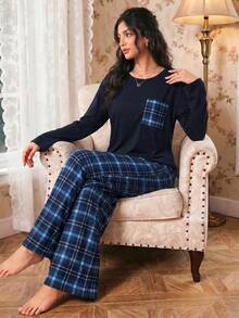 Modelyn 女士休闲宽松格子印花圆领睡衣套装，秋冬服装 - 藍色 - 查看 7