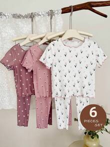 SHEIN 少女 6件/套 可愛碎花寬鬆短袖套頭上衣 & 休閒運動內搭褲套裝 - 彩色 - 查看 3