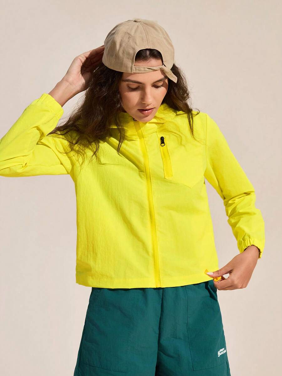 SHEIN Ciela Rowan Women's Solid Color Hooded Outdoor Windbreaker Jacket - Yellow - View 1