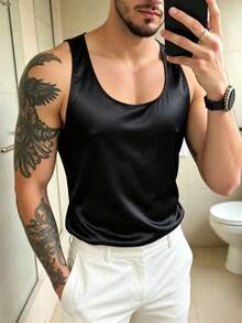 Manfinity Dauomo 男士緞面無袖套頭背心上衣 - 黑色 - 查看 6