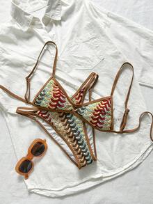 SHEIN Swim 女款 2 件式泳衣套裝，特殊布料拼接，綁帶露背，夏季度假海灘穿搭，棕色波希米亞風 - 彩色 - 查看 1