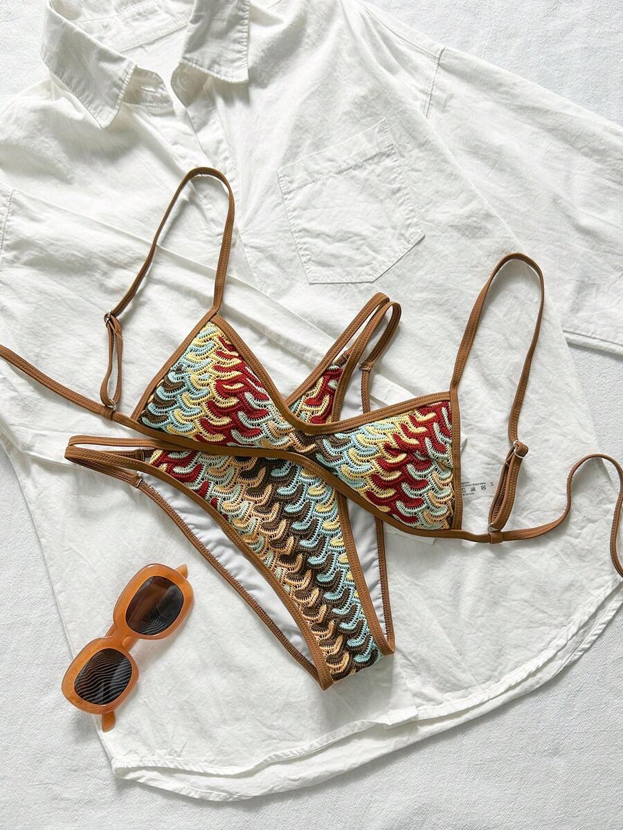 SHEIN Swim 女款 2 件式泳衣套裝,特殊布料拼接,綁帶露背,夏季度假海灘穿搭,棕色波希米亞風 - 彩色 - 查看 1