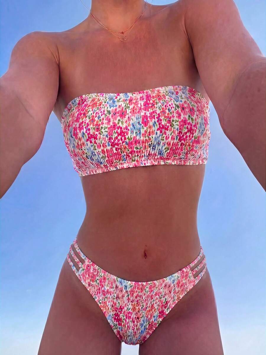 Swim Mod 女款兩件式比基尼套裝,熱帶白色可愛印花,平口上衣配後背細肩帶,側邊細肩帶泳褲,海灘度假情人節款 - 彩色 - 查看 1