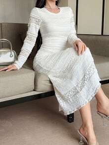 DAZY Spring/Summer Women's Elegant Lace Solid Color Mid-Length Dress Sundress - White - View 4