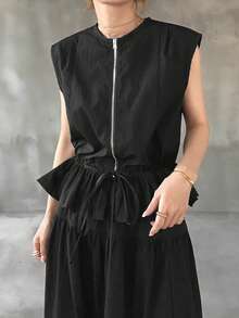 FRIFUL Women's Summer Casual Drawstring Waist Vest & Skirt 2 Pieces Set - Black - View 7