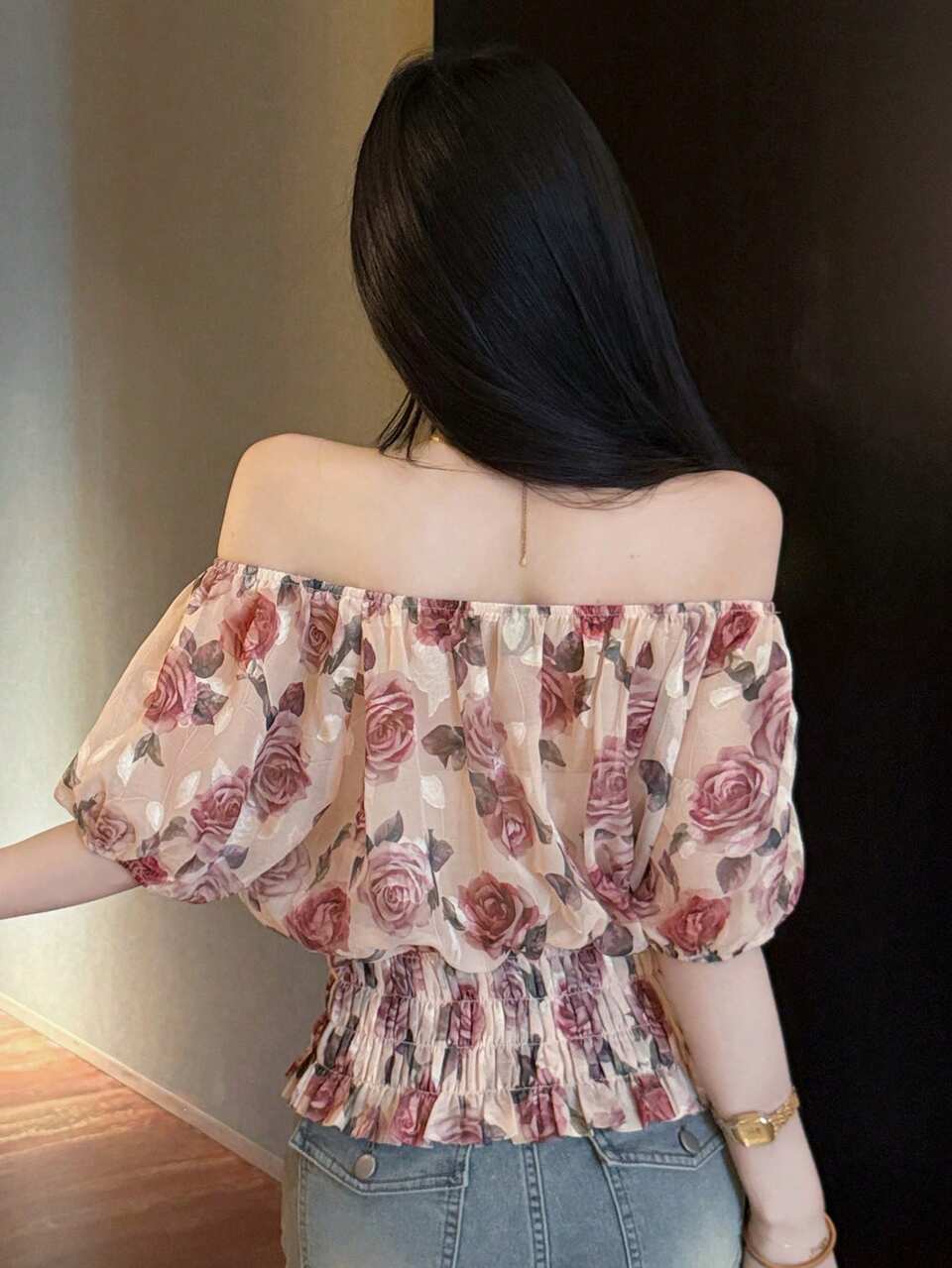Spring Summer Off-Shoulder Purple Ditsy Floral Blouse Women Minimalist Sexy Exposed Shoulder Cropped Top Waist-Cinched Short Blouse