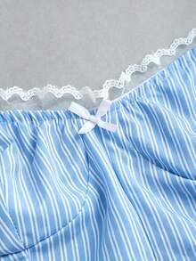 Sweetra Women's Lace Patchwork Blue And White Stripe Bandeau Top And Straight Leg Pants Two Pieces Set Vacation Summer Elegant - Blue - View 7