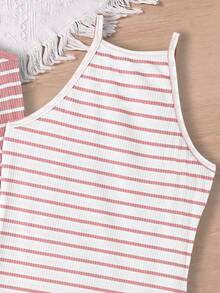 SHEIN Sparklyn Tween Girl' 条纹休闲无袖连衣裙套装 - 粉色 - 查看 4