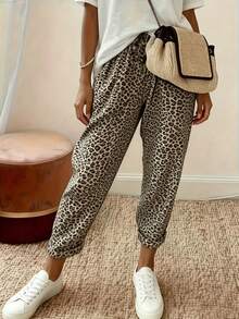 EMERY ROSE Pantalones de cintura alta holgados con estampado de leopardo hasta el tobillo para mujer talla grande - Caqui - Ver 3