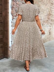 Breezaya Plus Size Women's Vacation Ditsy Floral Overlap V-Neck Ruffle Sleeve Elegant Dress - Multicolor - View 2