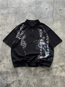 ROMWE MEN Prep Men's Street Letter Print Polo Shirt, Suitable For Spring And Summer - Black - View 3