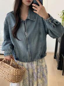 DAZY Women's Lapel Long Sleeve Open Front Urban Casual Denim Jacket And Coat Cute Tops - Medium Wash - View 4
