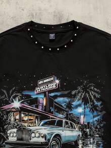 ROMWE MEN Kaos Pria Lengan 3/4 dengan Hiasan Rivet dan Motif Cetak - Hitam - View 4