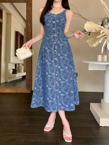 DAZY Women's Washed Denim Jacquard Cashew Flower All-Over Print Camisole Dress, Urban Casual Denim Dress - Medium Wash - View 4