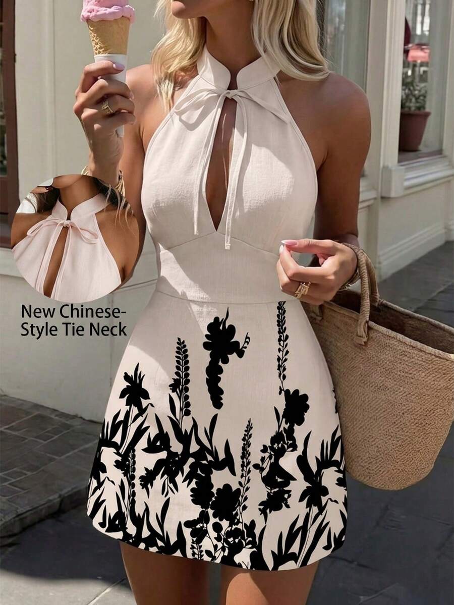 SHEIN PariChic 女款夏季掛脖繫帶立領收腰無袖短洋裝,優雅顯瘦穿搭,適合約會、用餐、成熟派對與休閒出遊 - 彩色 - 查看 1