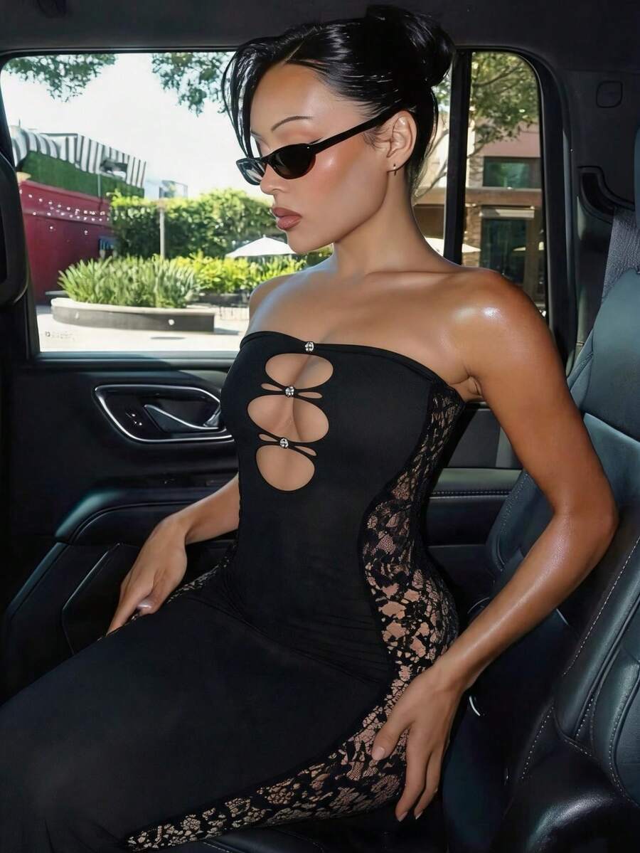 SHEIN SXY Summer Strapless Lace Patchwork Hollow Out Midi Bodycon Dress