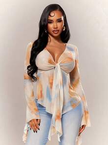 Radiana Women's Autumn Sexy Elegant Chic Sheer Mesh Print Long Sleeve Top, Sexy V-Neck Top, Flare Sleeve Top, Flowy Mesh Top, Front Tie Closure Ruffle Hem Top, Elegant Top, Casual Top, Fashion Casual Sexy Tie-Dye Print Sheer Mesh Flare Sleeve Top, Tie Top, Suitable For Daily Casual Outings, Dates, Gatherings, Parties, Music Festivals, Vacations, Beaches, Holidays, Concerts, Carnival Parties, Versatile Top - Multicolor - View 5