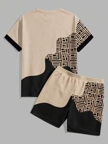 Sorvial Men's Geometric Colorblock Print T-Shirt And Shorts Set, Suitable For Summer Outings - Khaki - View 3