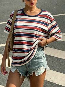 SHEIN EZwear Casual Minimalist All-Over Print Off-Shoulder Loose Short Sleeve T-Shirt For Women,Summer Top - Multicolor - View 3