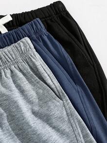 SHEIN 3件組買2送1兒童青少年男孩休閒軟舒適百搭短褲套裝，運動服，抽繩黑色短褲，麻灰色短褲，綠色短褲，Y2K短褲，SS26，夏季短褲，夏季，適合春夏，外出，情人節，約會，旅行，度假，家庭聚會，開學季，婚禮季，晚餐，運動，生日派對 - 彩色 - 查看 4