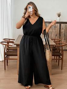 SHEIN CURVE+ 大码女式纯色露背系带宽松阔腿无袖连体裤 黑色夏季休闲黑色凉爽面料连体裤 - 黑色 - 查看 5