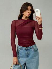 SHEIN Tall 女款棕色透視網紗長袖抓皺小高領緊身衣，適合雞尾酒會、浪漫約會、冬季內搭，適合高個女性 - 酒紅色 - 查看 7