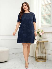 Reflora Plus Size Women's Jacquard Round Neck Short Puff Sleeve Elegant Dress - Navy Blue - View 5
