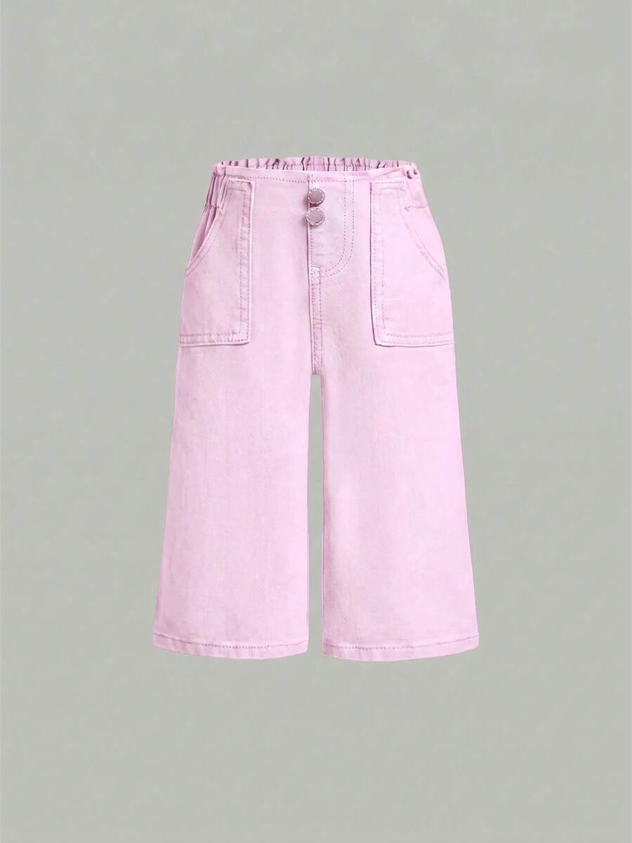 SHEIN 女嬰休閒百搭粉色寬腿牛仔褲 - 粉色 - 查看 1