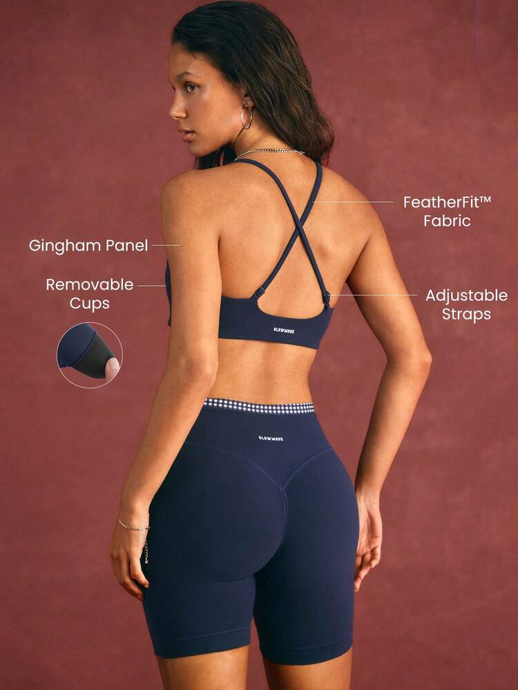 FeatherFit™ Gingham Glow Soft Sweat-Wicking Gingham Trim Sports Bra With Varsity Style Logo Removable Cups Low Impact Yoga Studio Pilates Daily Wear