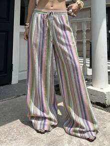 SHEIN Tall 女款高腰條紋亞麻寬腿褲，海灘度假休閒鄉村風，優雅自然，隨機花卉圖案，夏秋女裝返校季，適合高個女性 - 綠色 - 查看 4