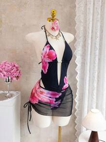 Costavie Bonvoyette 新款女款優雅時尚浪漫馬卡龍粉色三件式比基尼套裝，花卉印花掛脖式一件式泳衣搭配透視網紗迷你罩衫裙，泳裝印有粉紫色百合花大圖案，深V領配象牙色/奶油色珍珠飾飾，腰部抓皺設計，可調節掛脖肩帶，適合熱帶夏季海灘度假、泳池派對與浪漫度假村度假，島嶼度假風 - 黑色 - 查看 4