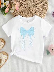 Elladie kids Haine de primăvară și vară, primăvară, vară, toamnă, pentru fete mici, casual, fashion, creative, personalizate, răcoritoare, proaspete, minimaliste, drăguțe, kawaii, cu desen animat, fund albastru, model cu inimă, imprimat, stil casual, tricou scurt basic, confortabil pentru purtare zilnică, stiluri primăvăratece, de vară și toamnă, potrivite pentru ținute de primăvară, vară și toamnă pentru fete, topuri - alb - Vizualizare 5