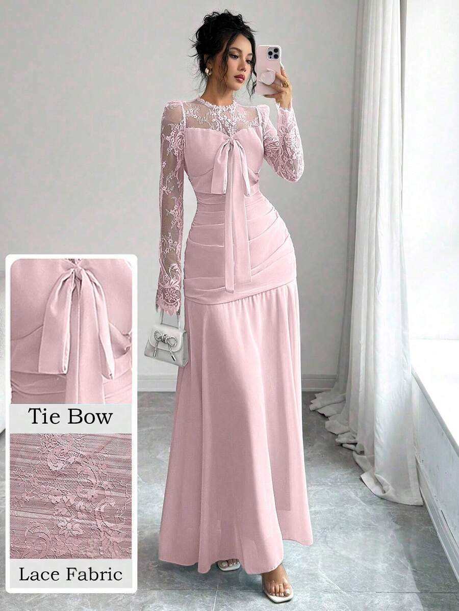 Modelyn Vestido largo con diseño francés, patchwork de encaje y lazo para mujer - Rosa - Ver 1