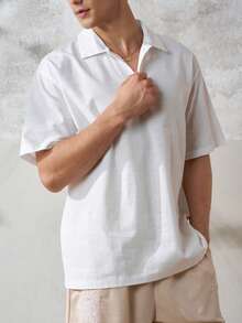 TONEVAULT Men's V-Neck Pullover Linen-Like Short Sleeve Shirt - White - View 3