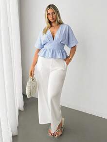 Auralis Light Blue Striped Textured Crepe Drop Shoulder Plus Size Women's Shirt/Back Elastic Waist Ruffle Hem Top/Casual Daily Wear Summer - Blue - View 5
