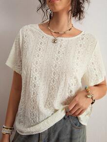 Freevana Women's French Romantic Vacation Style | White Eyelet Embroidery Short Sleeve Blouse - Sweet Deep V Open Back With Bow Tie Top - White - View 4