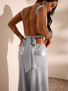 Opulessa 女款純色針織露背上衣與迷你裙兩件套，適合夏季度假、秋季穿搭、奢華晚裝、性感節慶派對穿搭 - 灰色 - 查看 6