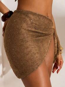 Opulessa Women's Sequin Fashion Vacation Tie-Up Cover-Up Skirt Beach Chocolate Brown Summer Tropical - Khaki - View 5