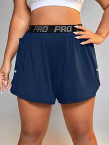 SHEIN Rhythm Era Women's Letter Waistband Pocket Double Layer Sports Shorts - Royal Blue - View 4