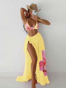Swim SXY 夏季海灘女款三件式泳衣套裝，粉色定位蘭花印花，仿真花飾，掛脖上衣，比基尼泳褲，美人魚長裙，性感泳裝套裝 - 淡黃色 - 查看 1
