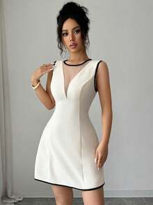 Elenzga Sleeveless Round Neck Color Block Fabric Patchwork Waist A-Line Elegant Romantic Dress For Women - Apricot - View 5