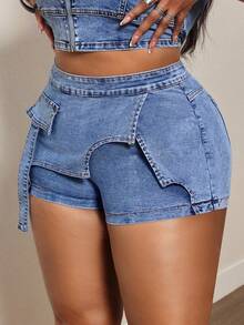 Slaydiva Shorts de mezclilla ajustados de cintura alta con patchwork lavado para tallas grandes - Azul - Ver 3