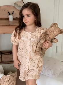 DAZY Round Neck Ditsy Floral Short Sleeve Top + Shorts Set For Young Girls Loungewear Summer - Khaki - View 7