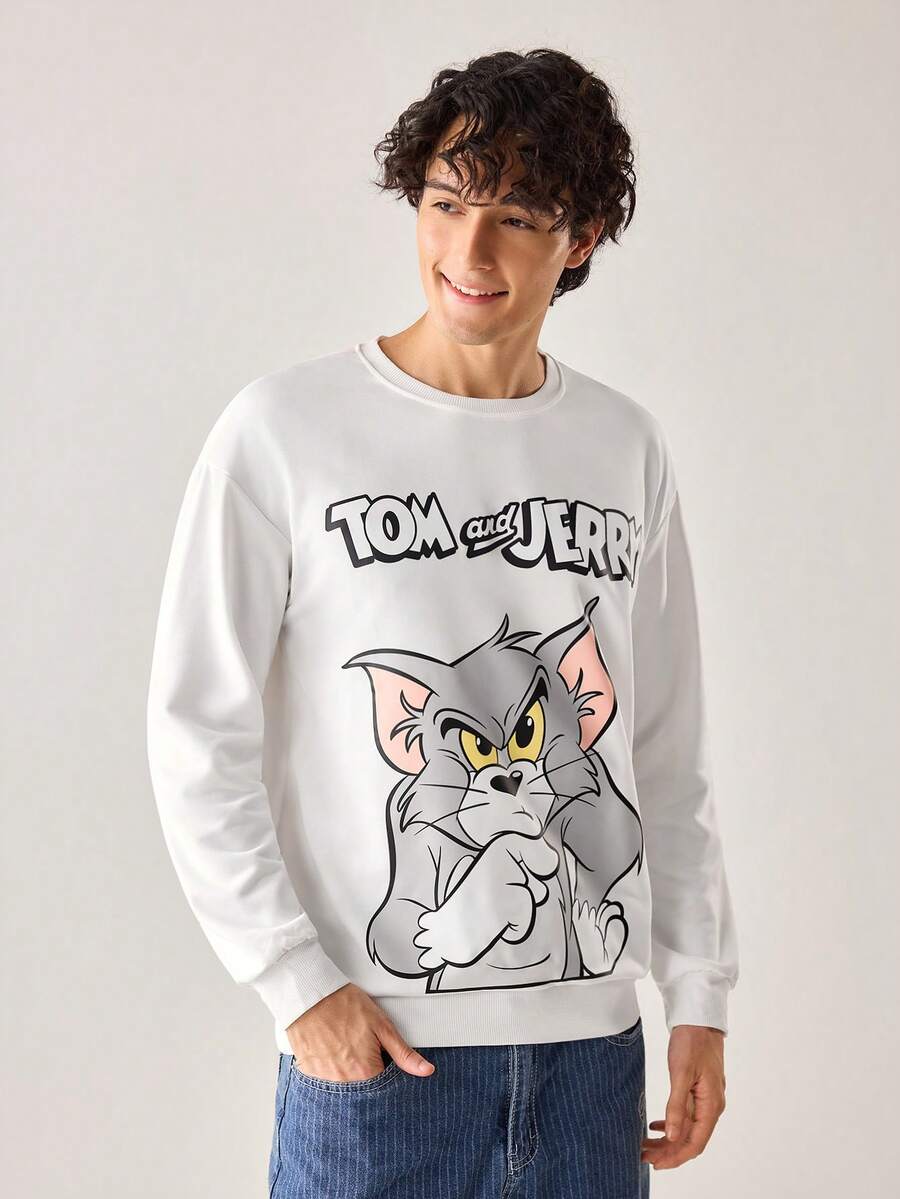 Strevion TOM & JERRY 男士休闲 Thinking Tom 字母印花圆领长袖卫衣,春秋季 - 白色 - 查看 1